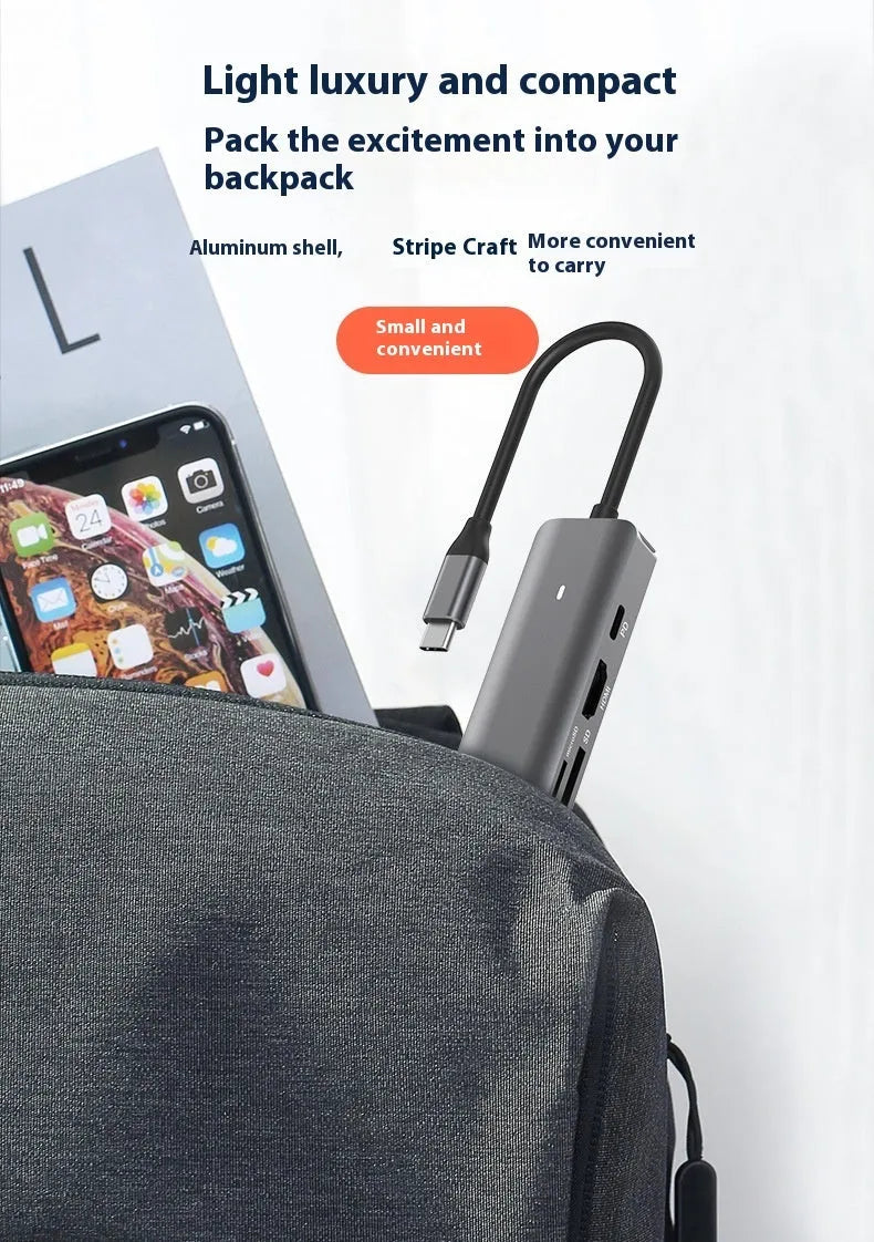 LQT-LH07 7-in-1 USB-C multiport hub with card reader, HDMI, Ethernet, and USB ports.