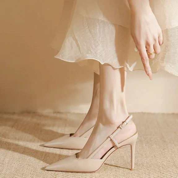 Apricot women's high-heeled sandals with buckle toe strap and 6cm heel on light background
