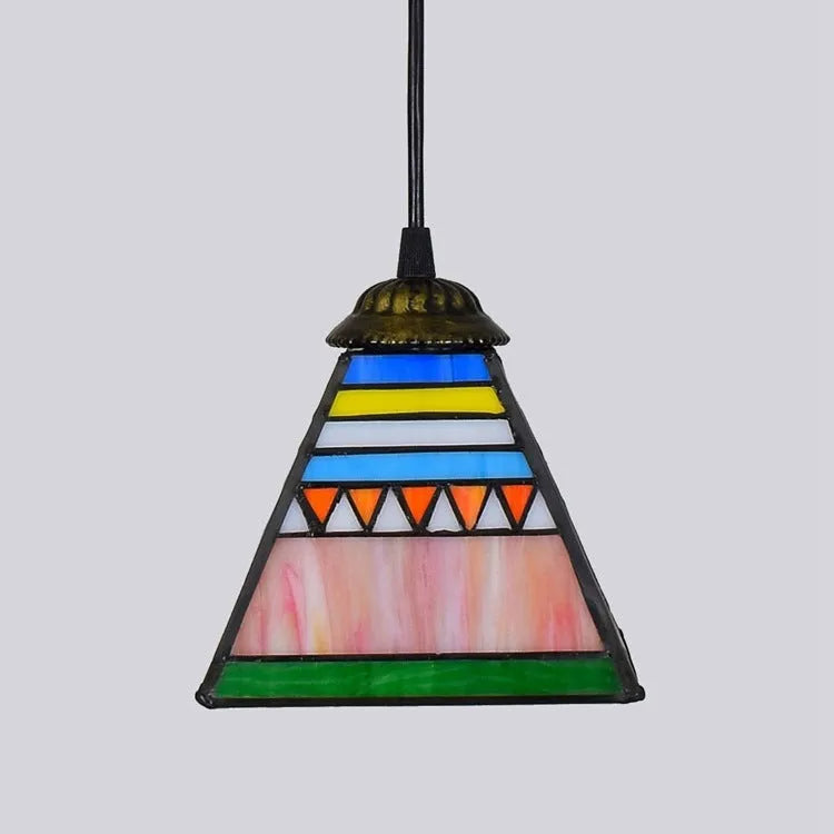 Small art stained glass droplight pendant with coloured glass shade and iron ceiling plate.