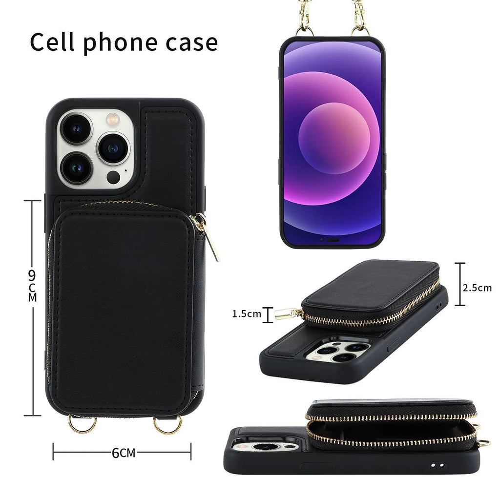 Crossbody wallet phone case for iPhone 14 Pro with black imitation leather, zippered card compartment, and detachable lanyard