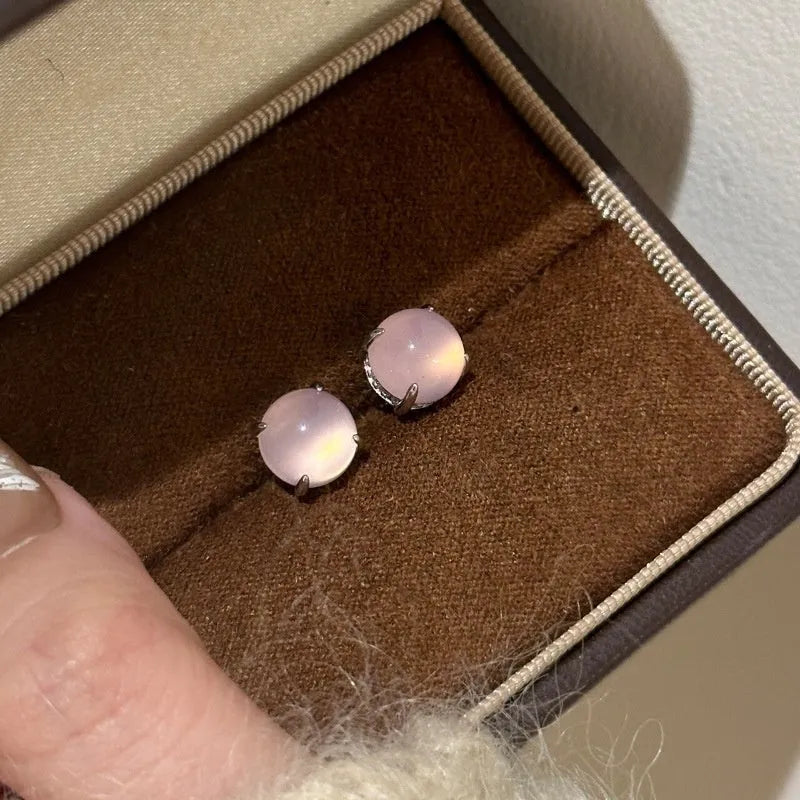 Chinese style round egg surface chalcedony earrings with four claw settings in three colour options