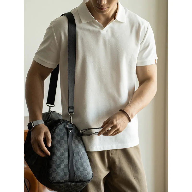 Men's blue American-style short-sleeve polo shirt on a hanger