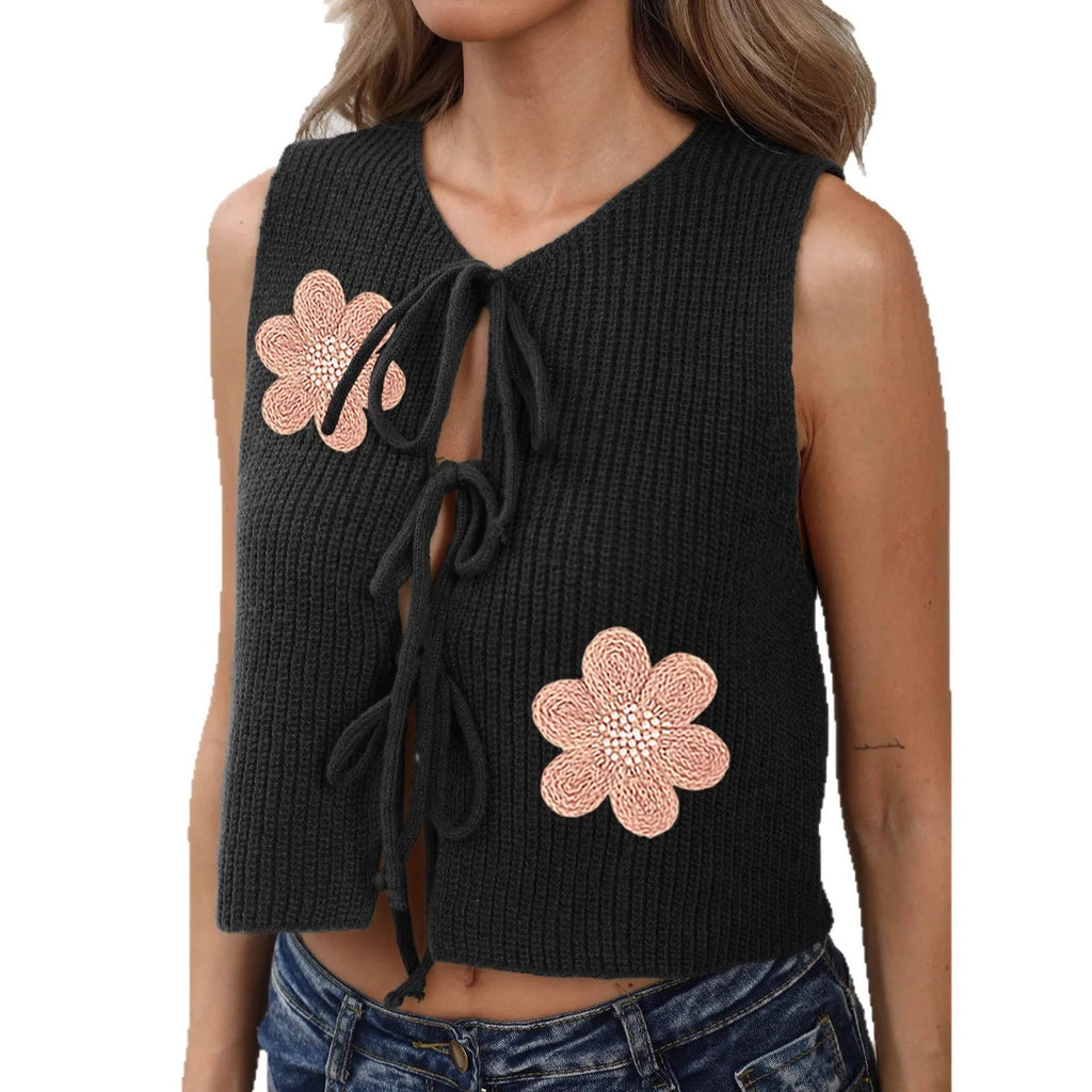 Ladies sleeveless cardigan vest with lace-up bow detail in deer plush polyester fabric with flower pattern