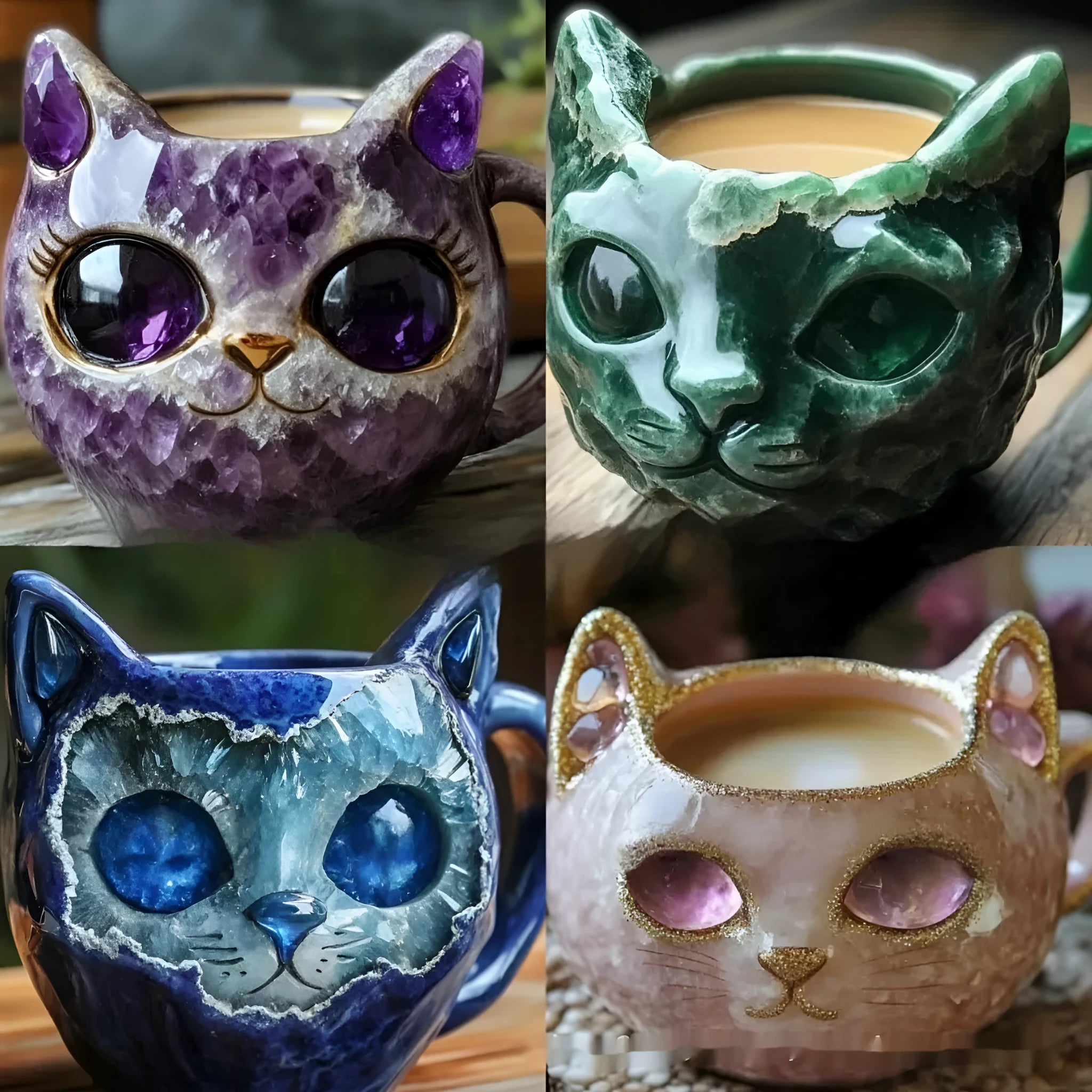 Purple resin geode mug with crystal cat decoration showing pastoral craft style