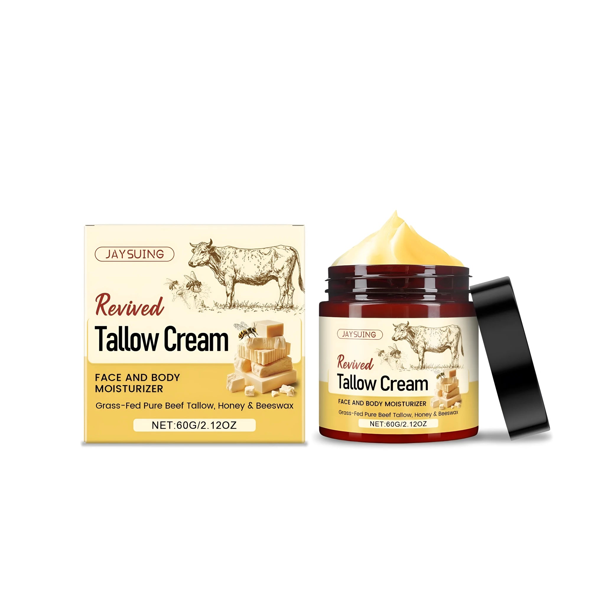 A 60g glass jar of Revived Tallow Moisturising Cream with a cream-coloured lid.
