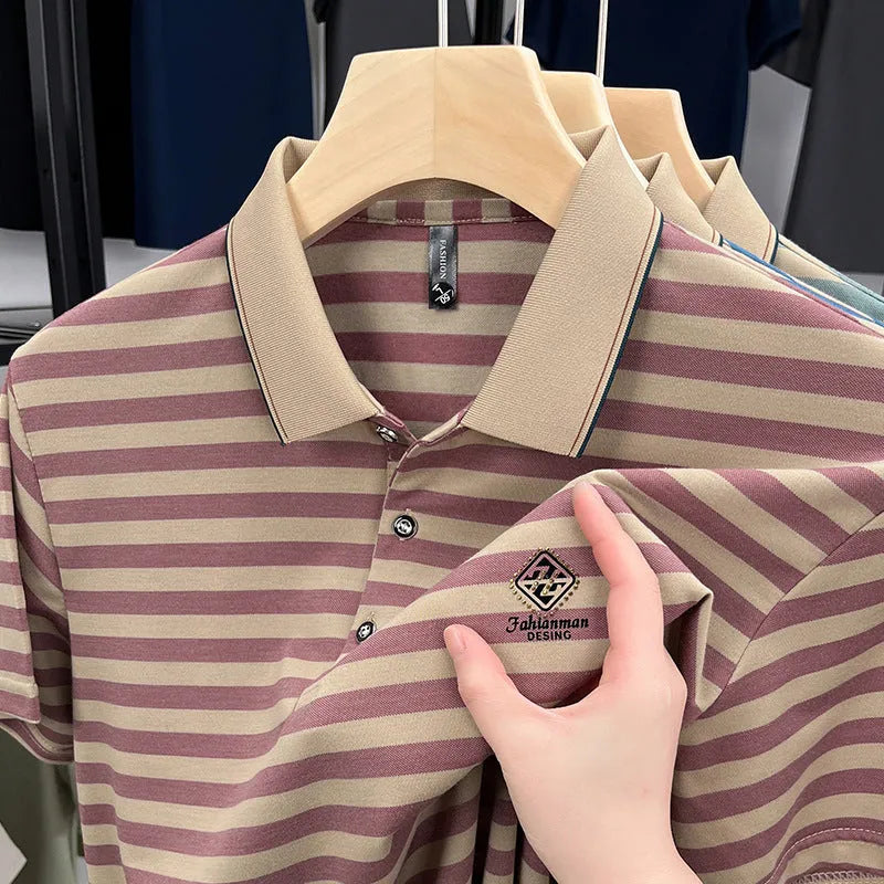 Men's striped casual short sleeve shirt in polyester available in red, blue, and green colours