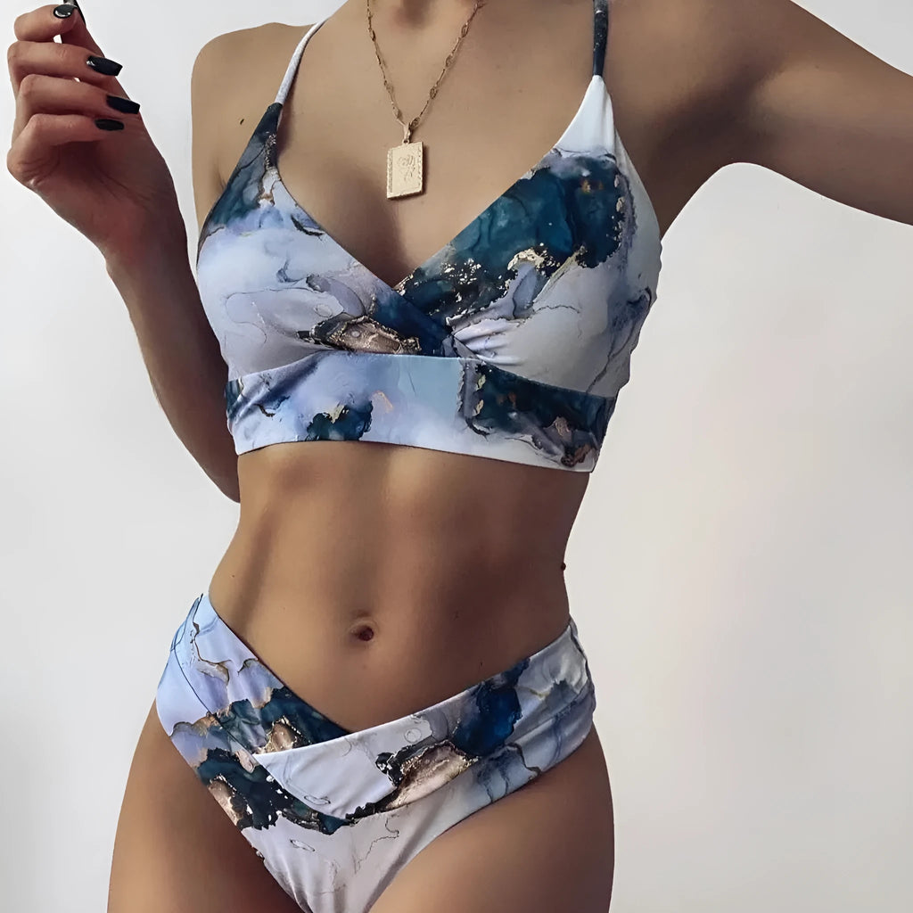 Women's marble tie-dye high-waist bikini set with U-neck top in multiple colour patterns