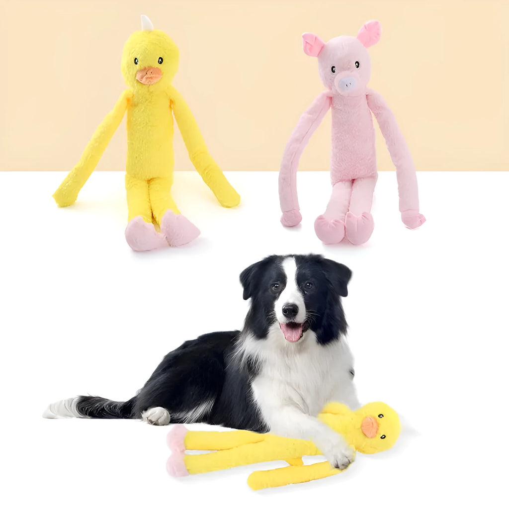 Large pink and yellow plush dog toy with squeaker and crinkle sounds for golden retriever sized breeds