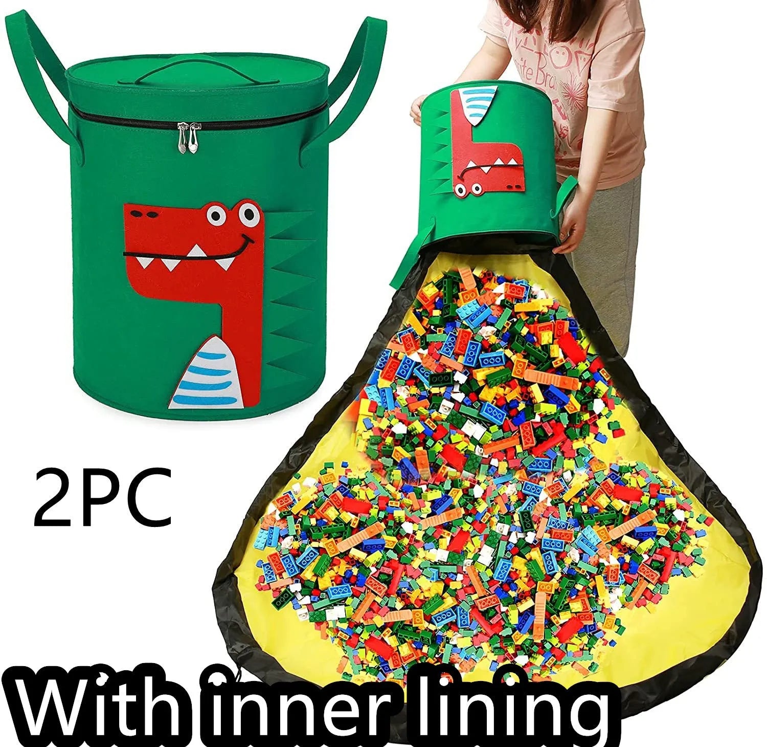 Green felt cube storage bag open as play mat with pull rope closure for children's toys