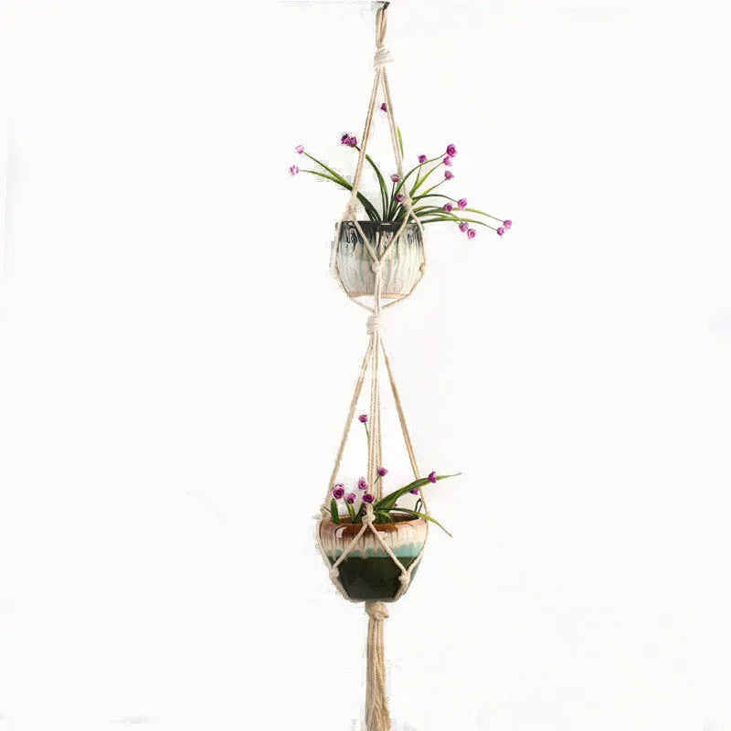 Handwoven natural cotton rope plant trellis mesh panel for climbing vines on a wall