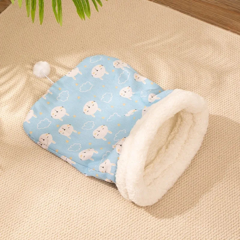 Flannel cat sleeping bag nest measuring 50cm by 40cm in blue rabbit pattern
