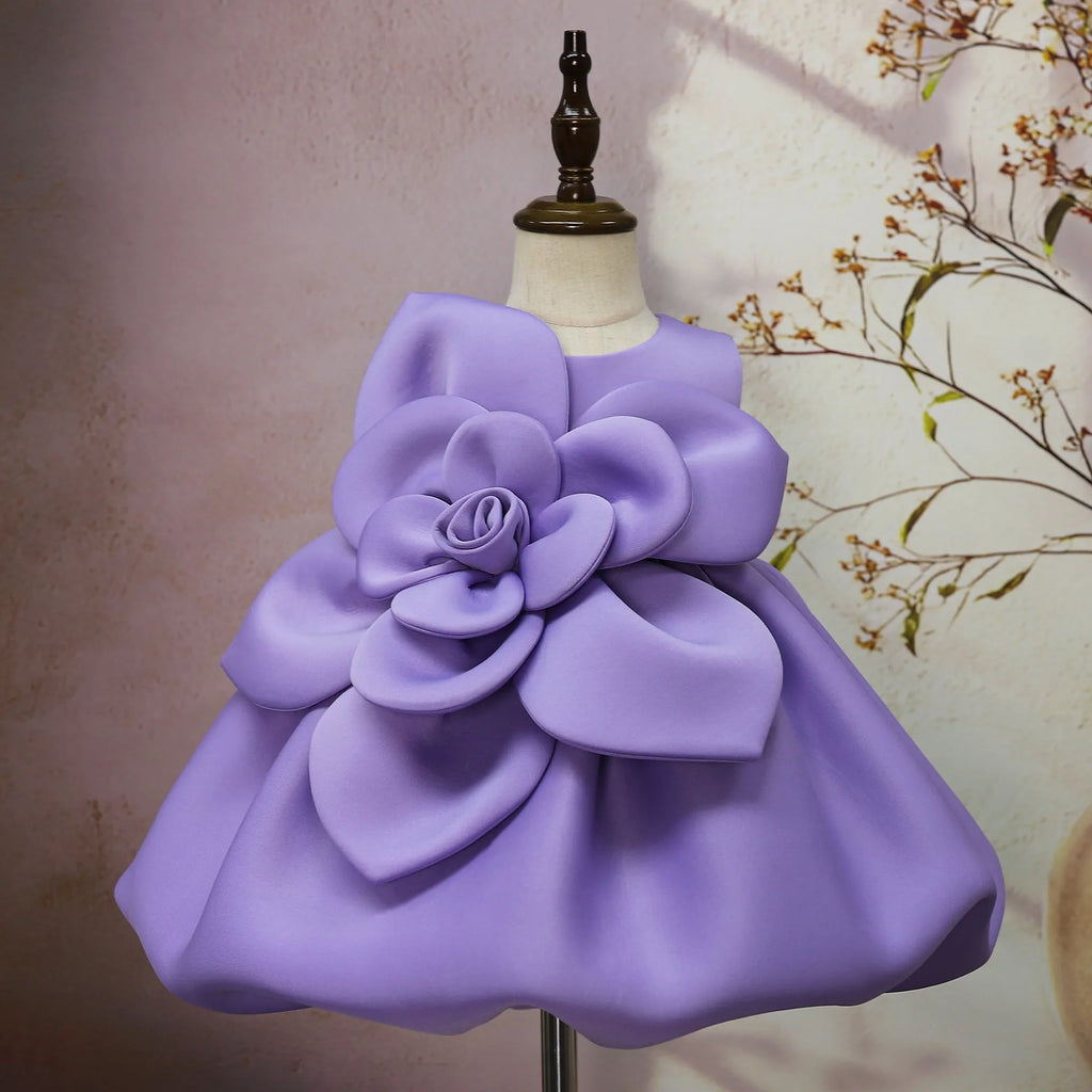 Purple solid colour big flower little girl dress in acetate fabric, available for heights 90cm to 130cm