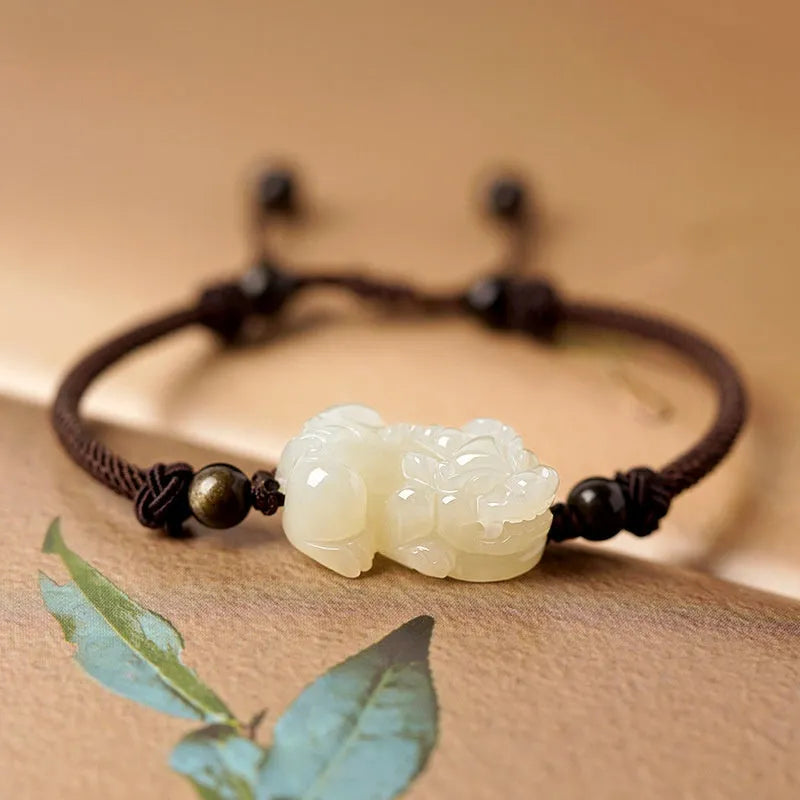 Hetian jade bead bracelet with black and red adjustable braided cord, Chinese style jewellery.