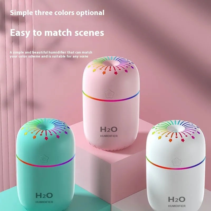 White USB mini humidifier with 300ml water tank measuring 75x75x116mm