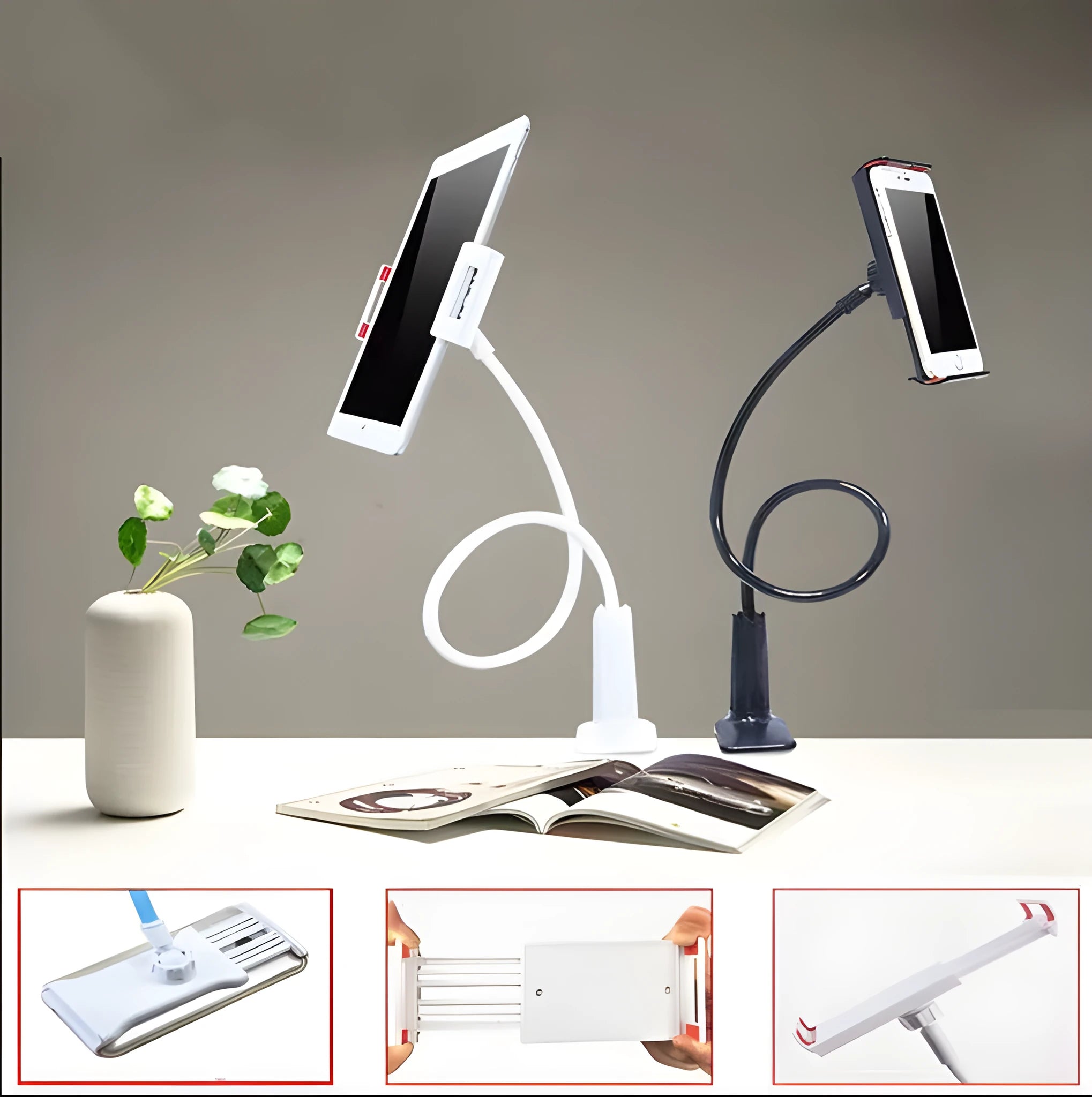 Black bedside oversize flat panel mobile phone holder with adjustable long arm on table