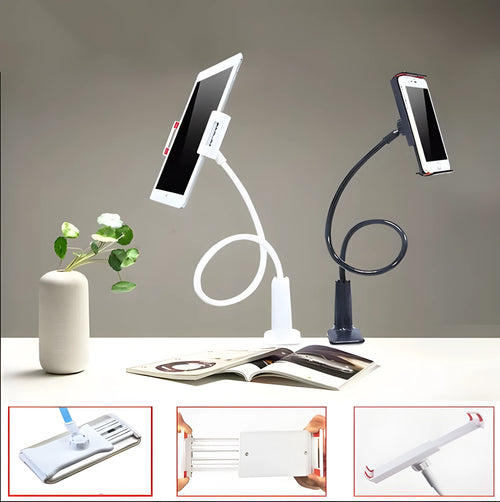 Black bedside oversize flat panel mobile phone holder with adjustable long arm on table