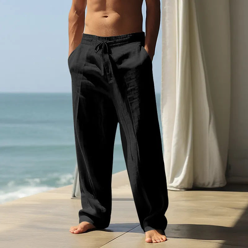 Men's solid colour cotton casual trousers shown in various colours including black, grey, and khaki.