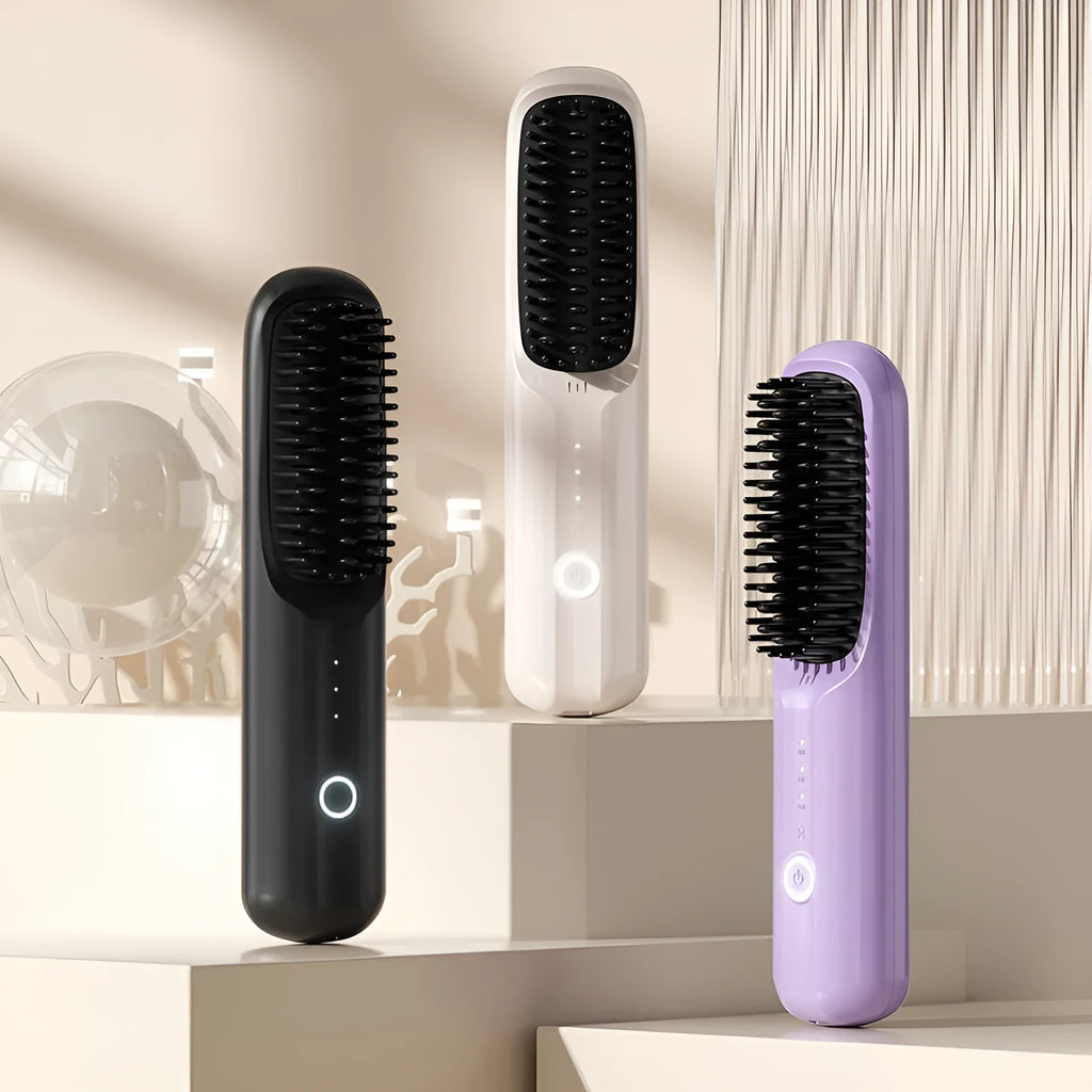 Wireless anion straightening comb in beige colour with ceramic plates and USB-C port