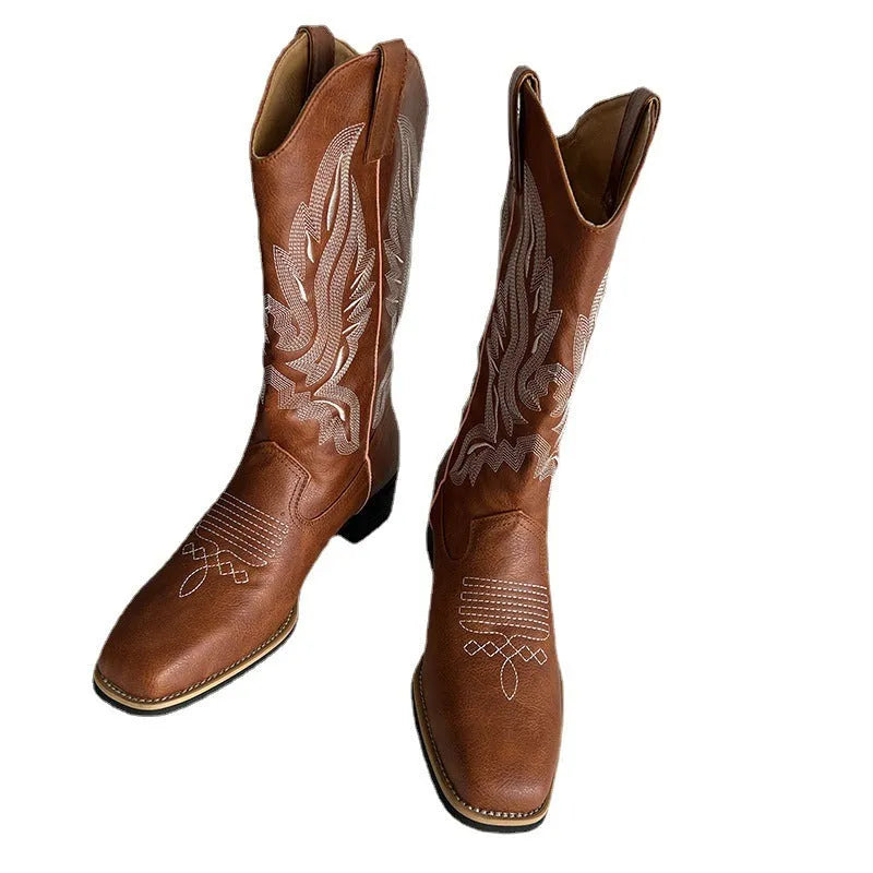 Brown women's mid-calf Martin boots with embroidery pattern and square heel