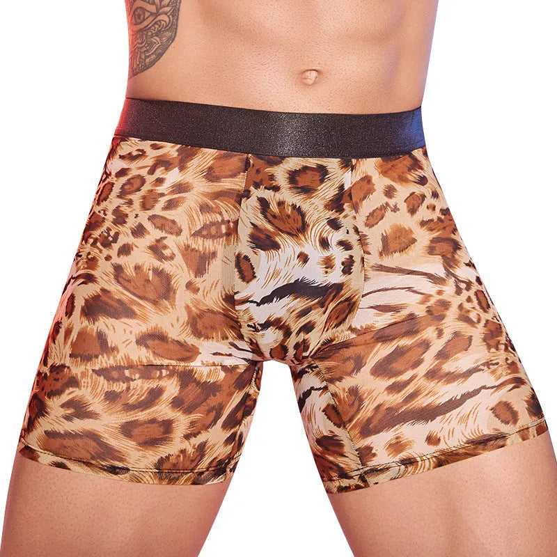 Men's leopard print boxer shorts on a free-size hanger.