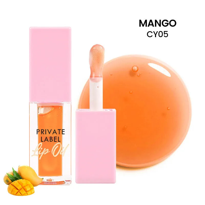 Transparent lip gloss tube showing six fruit shade options including cherry and watermelon