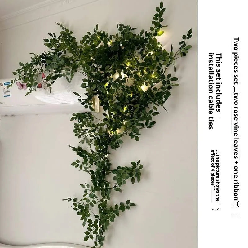 Artificial rose flower rattan vine with wire leaves and two coloured lantern lights