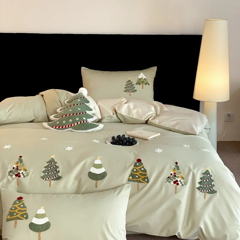 Christmas tree towel embroidery on pure cotton four-piece bedding set in cream blue or green colours