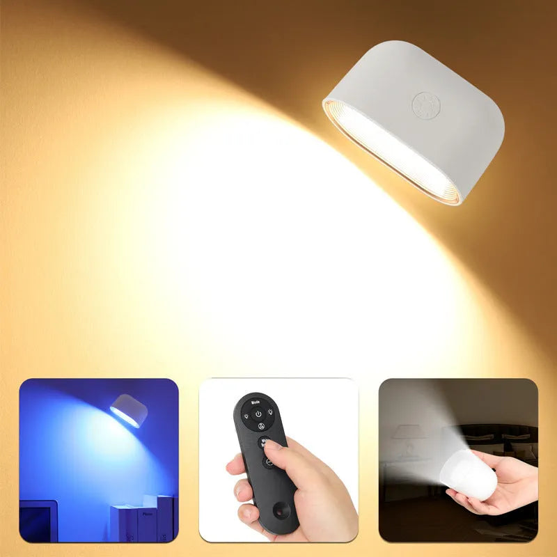 Oval-shaped remote touch magnetic wall lamp with adhesive back and magnetic rotation mount.