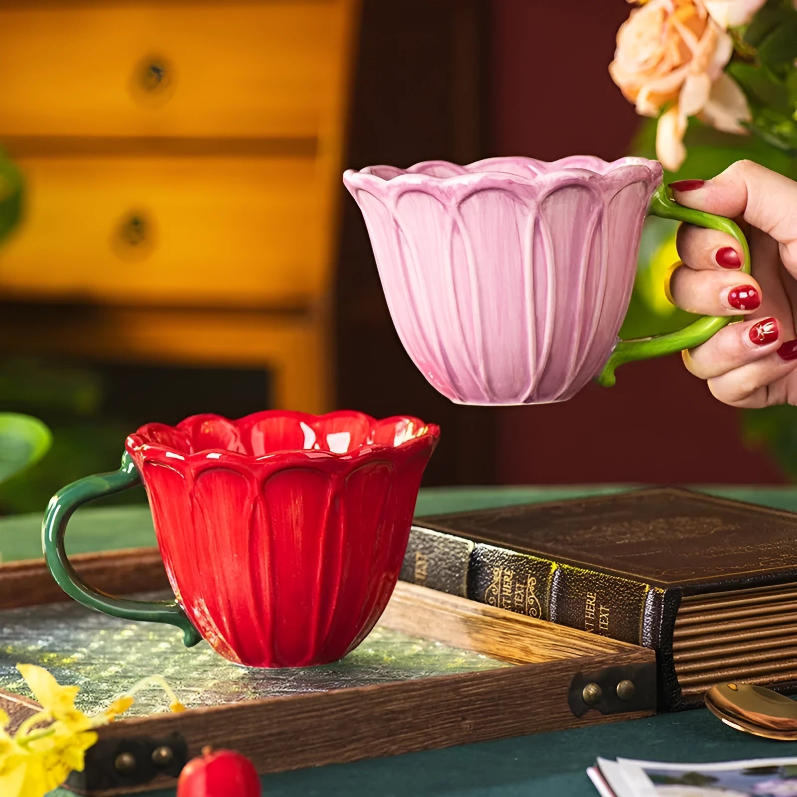 500ml floral patterned ceramic breakfast mug in red or purple.