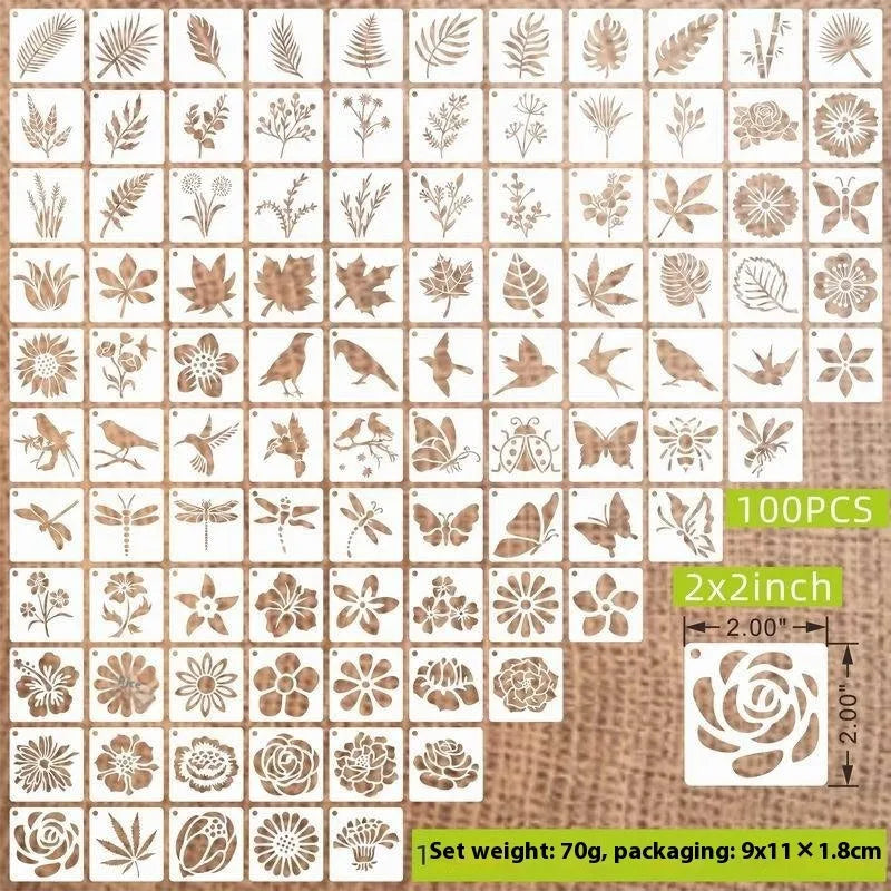 Milky white PET film spray painting stencils showing flower-leaf bird, ocean animal, and letter pattern examples