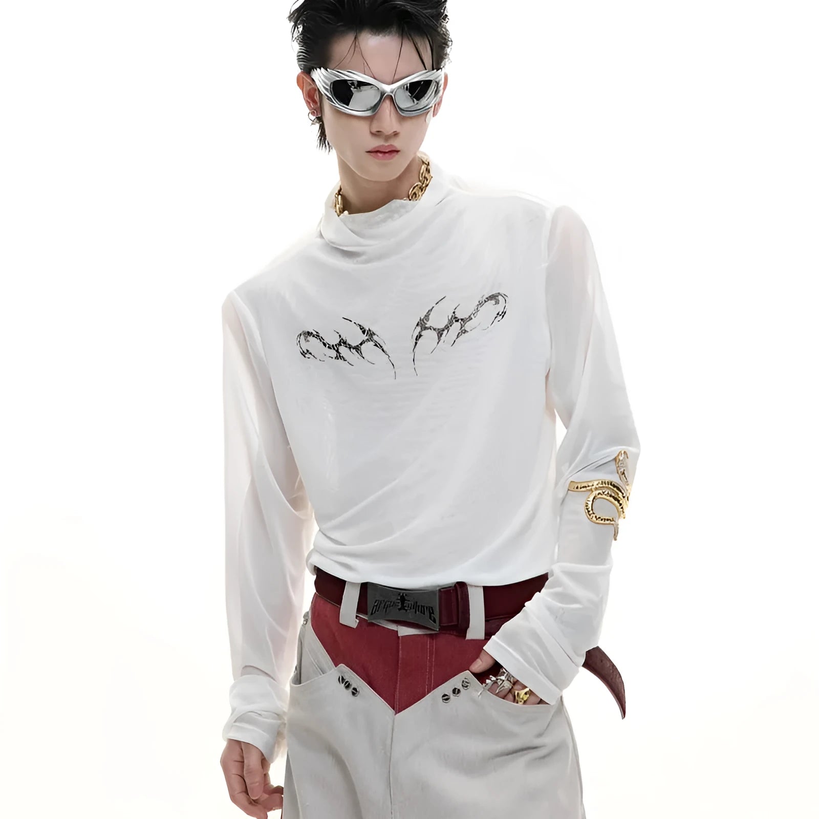 Men's black slim-fit mesh long-sleeve bottoming shirt laid flat, showing texture.