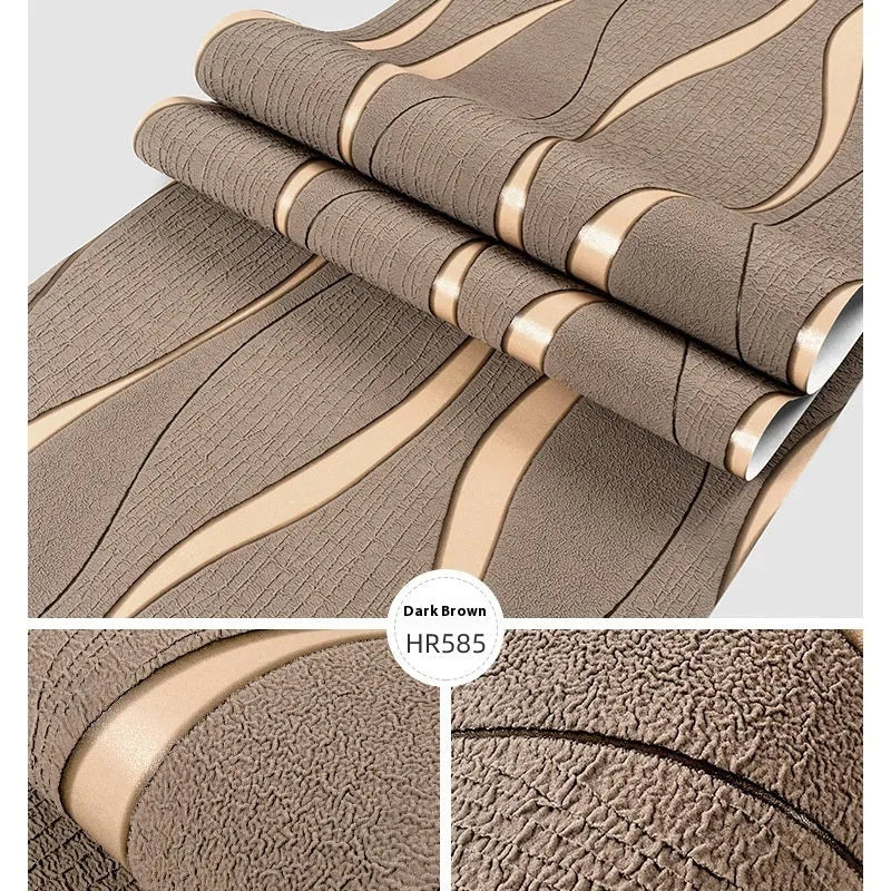 Curve stripe 3D decorative wallpaper in light grey and dark brown colour options showing velvet texture