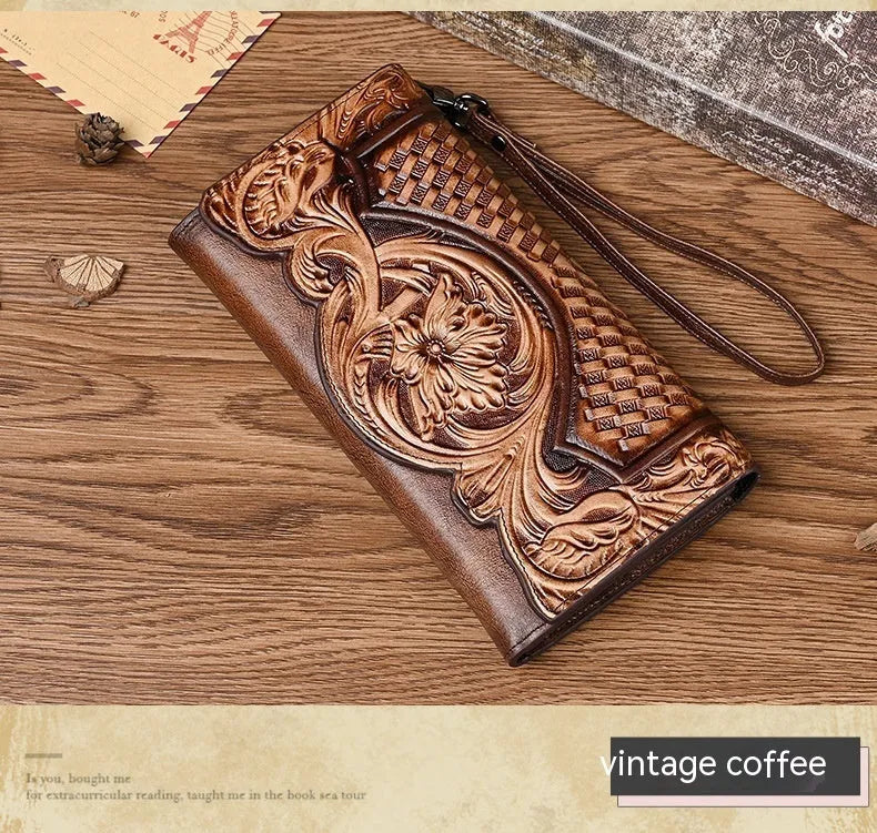 Women's brown tri-fold cowhide wallet with embossed floral pattern, shown open and closed.