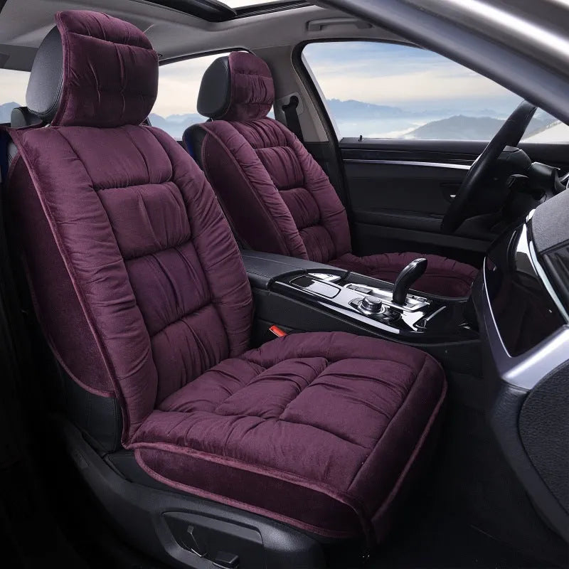 Short plush winter car seat cushion available in multiple colours including black, beige, grey, brown, and purple.