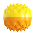Blue and orange durable rubber squeaky dog ball with texture bumps for teeth cleaning.