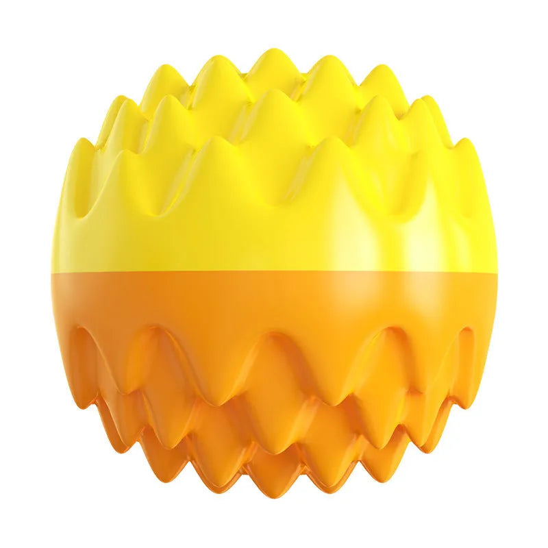 Blue and orange durable rubber squeaky dog ball with texture bumps for teeth cleaning.