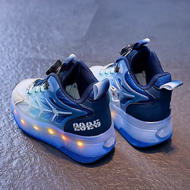 Blue children's roller skates with a flash stripe pattern and a large rotating adjustment knob on the side.