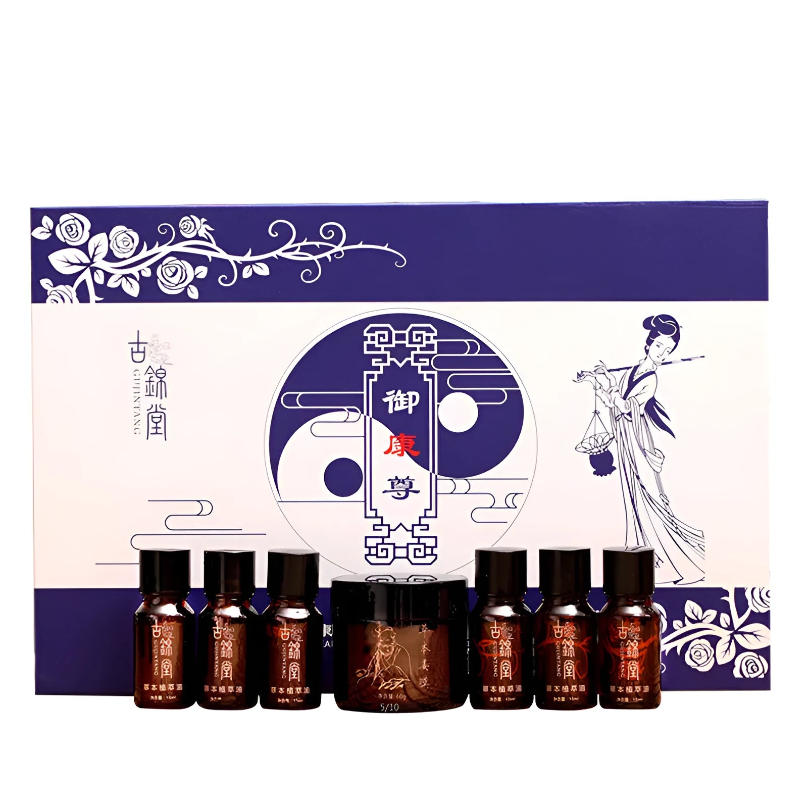 Hot compress set with six bottles of herbal oil and one bottle of ginger moxibustion film in assorted colours