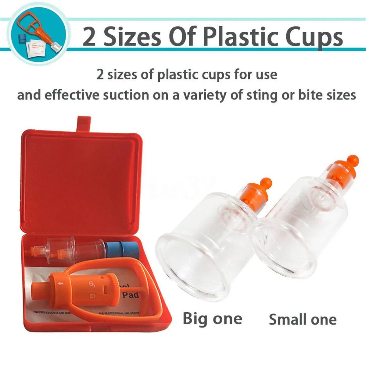 Orange emergency venom vacuum suction device with two cup sizes and accessories for outdoor bite treatment