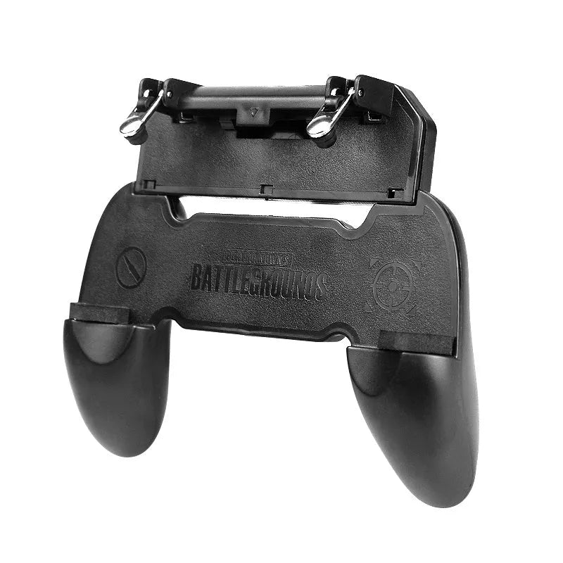 Black mobile phone game controller with dual analogue sticks and trigger buttons for plug-in gaming control