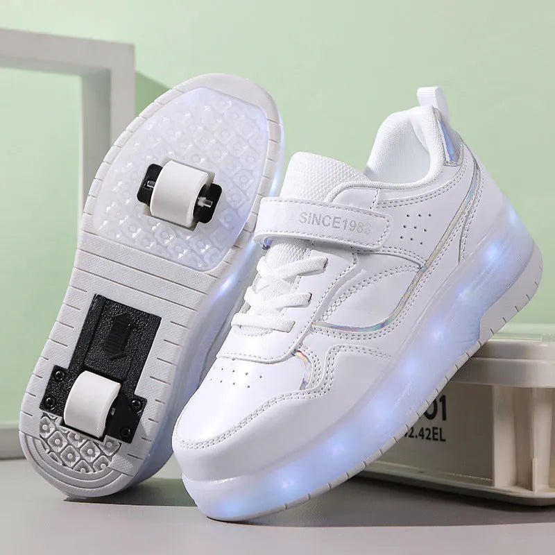 Charging flash roller skates with LED light-up wheels in black, pink, purple and white colour options
