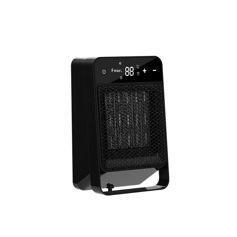 Black desktop warm air blower heater with digital touch screen display and remote control on wooden desk