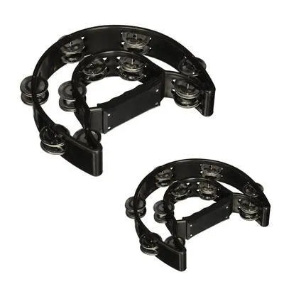 Double moon shaped black plastic tambourine with handle, 25 x 20 cm, on a light background