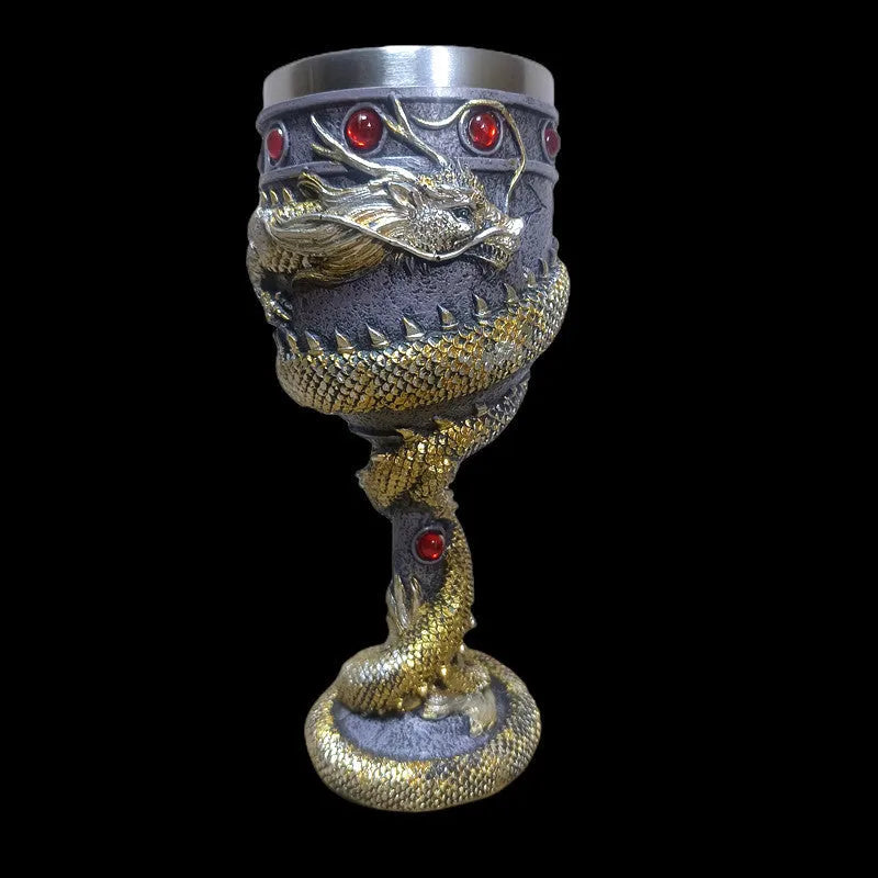 Chinese dragon 3D stainless steel red wine glass with resin handle in gold colour