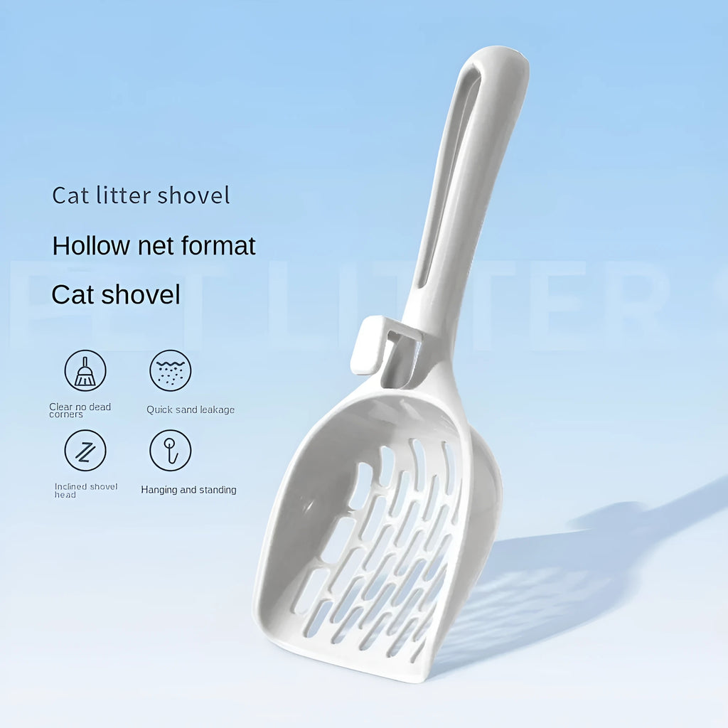 Grey plastic cat litter scoop with attached storage base, showing 4-hole sifter design.