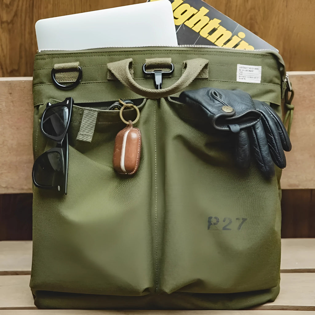 Medium vertical square canvas crossbody messenger bag in military green with shoulder strap