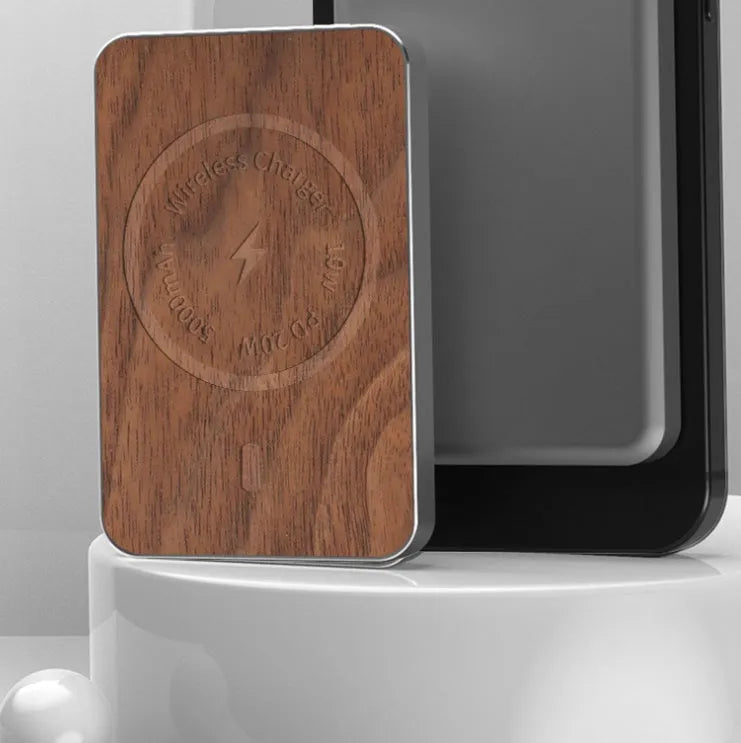 Khaki coloured alloy wireless power bank with magnetic suction, showing dimensions and USB port.