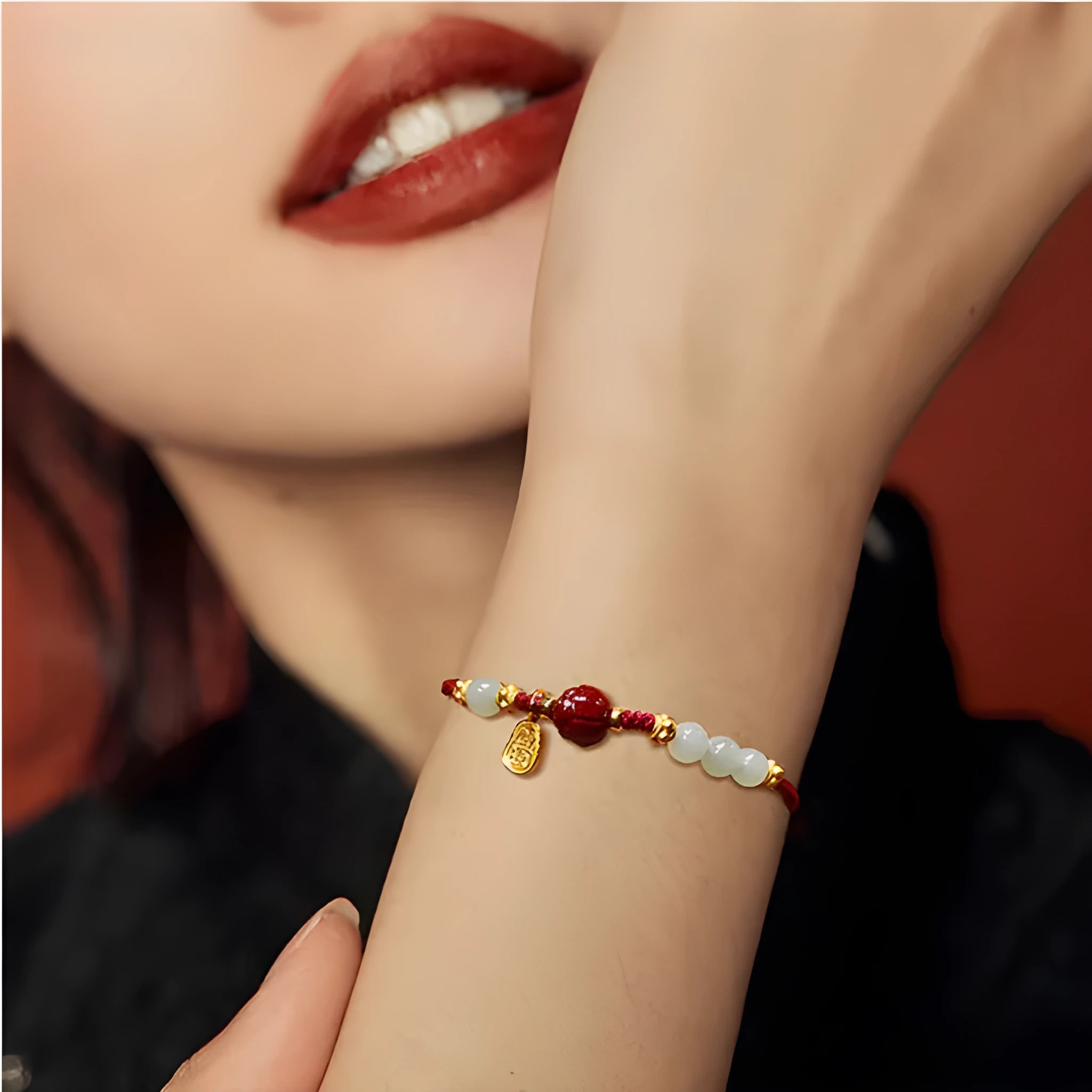 Hetian Jade Cinnabar Red Rope Women's Bracelet with adjustable 925 silver chain