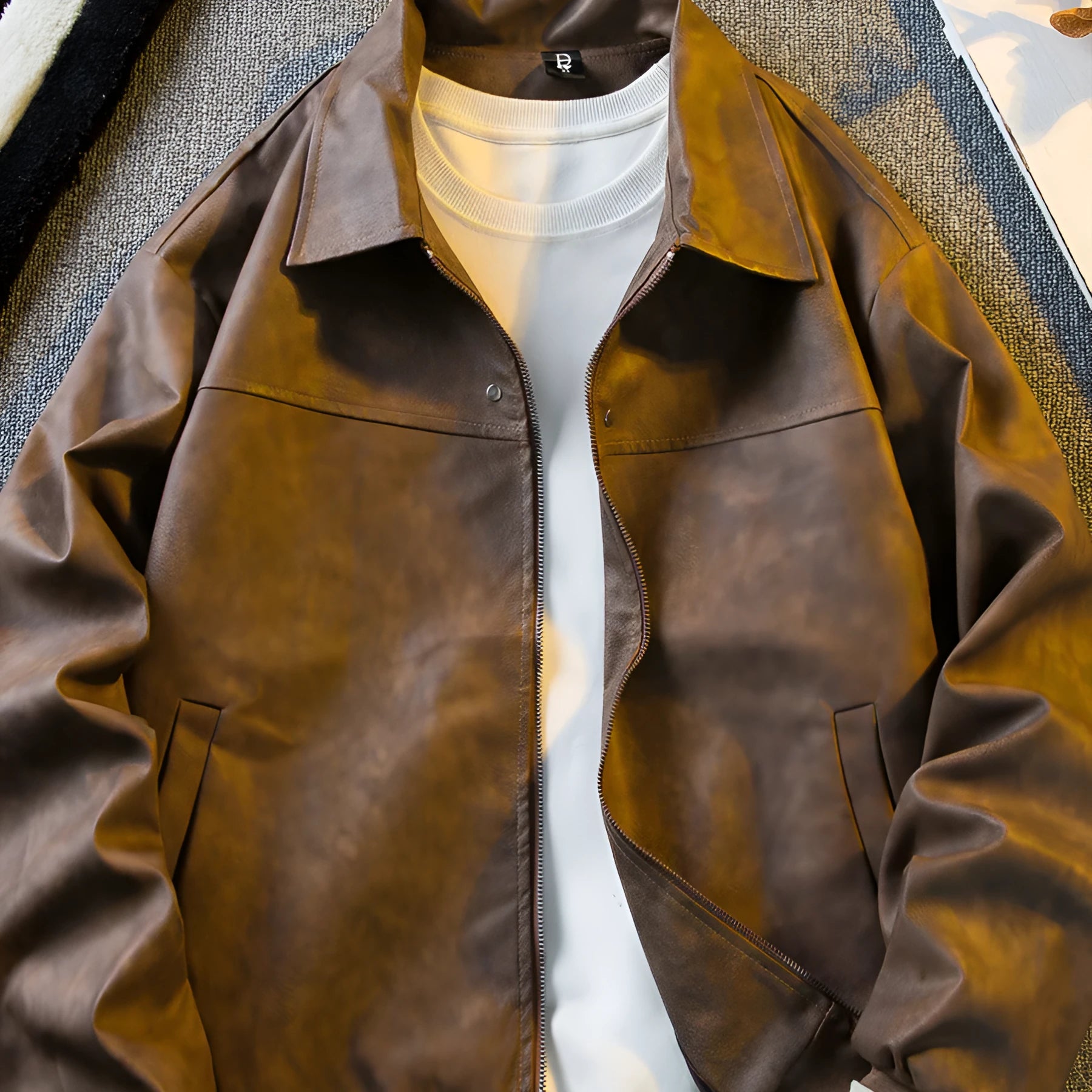 Brown suede vintage short leather jacket for men with lapel collar and zip front