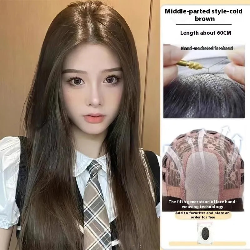 Long straight black wig with forehead lace and side bangs made from high temperature fibre.